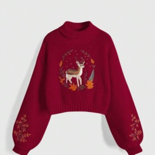 Deer &amp; Leaf Embroidery Crop Sweater