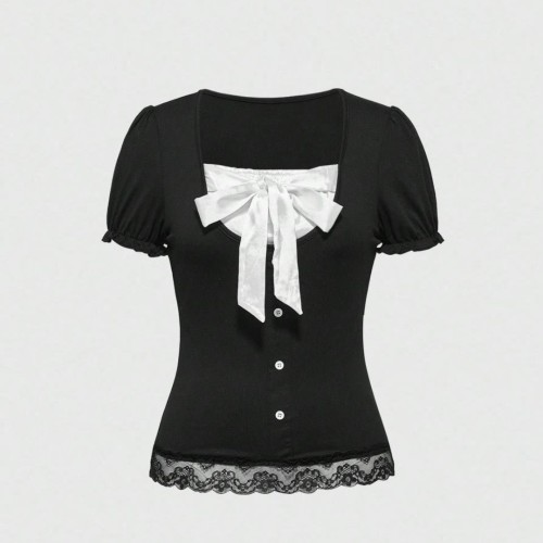Solid Bow-Front Button-Up Lace-Trim Top