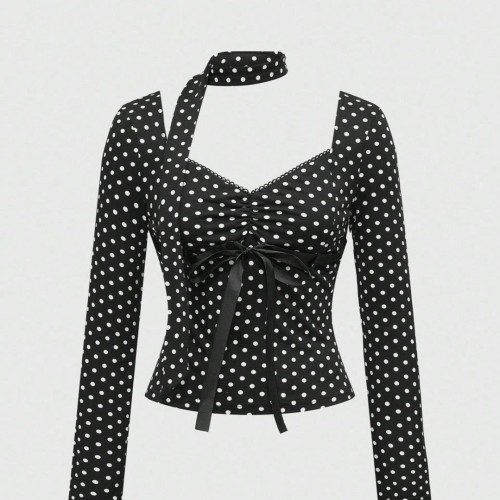 Polka Dot Print Cut-Out Ruched Bow Tie Top