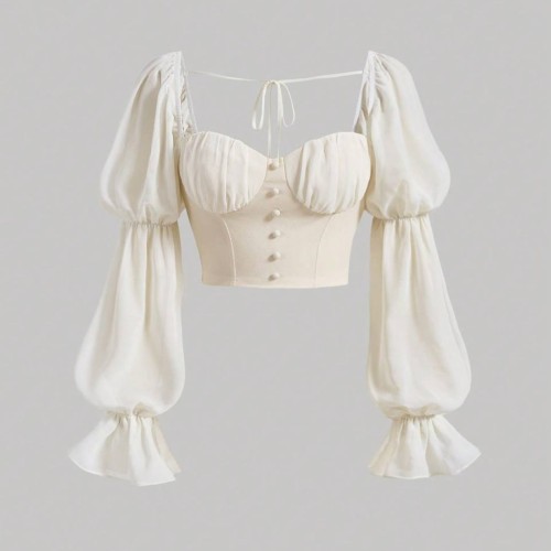 Solid Ruffles Button-Up Crop Top