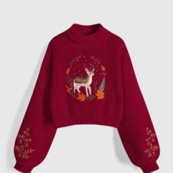 Deer &amp; Leaf Embroidery Crop Sweater