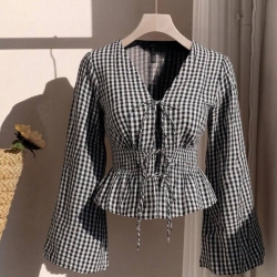 Black &amp;amp; White Gingham Tie-Front Ruffle-Hem Top
