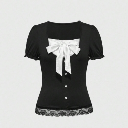 Solid Bow-Front Button-Up Lace-Trim Top