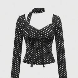 Polka Dot Print Cut-Out Ruched Bow Tie Top